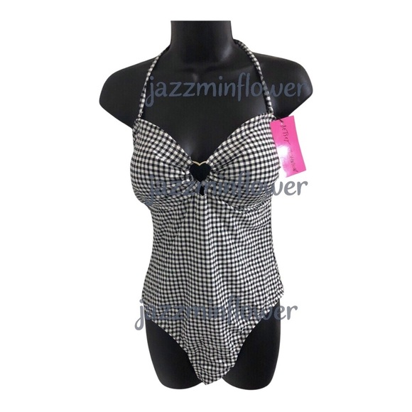 Betsey Johnson white black classic gingham print halter swimsuit size XL new - Picture 3 of 13
